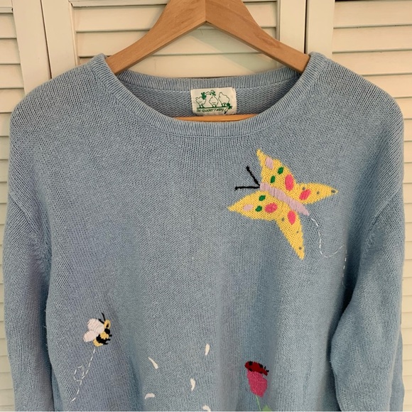 Vintage Quacker Factory Women’s 2X Light Blue Knit Sweater Bunny Rabbit Flowers - Picture 3 of 16